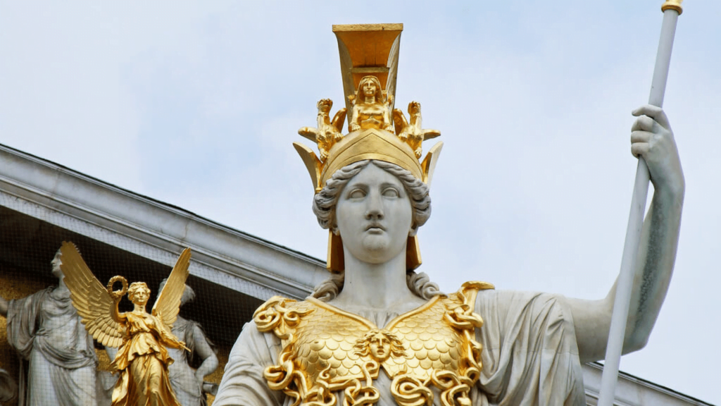 Atenea frente al Parlamento de Austria. Representa la sabiduría entre los dioses griegos, la virtud cardinal principal en el estoicismo.
